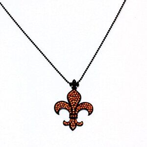 Orange Fleur-de-Lis Rhinestone Pendant Necklace Mardi Gras New Orleans Carnival